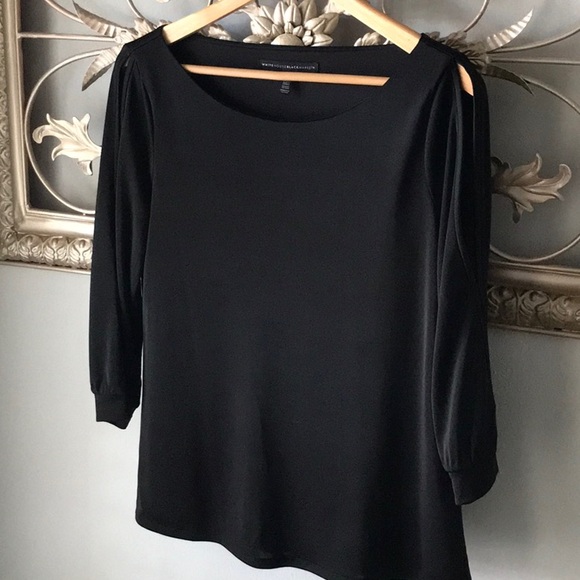 Black Women's Top with open detail on sleeves and bateau neckline - Picture 1 of 4